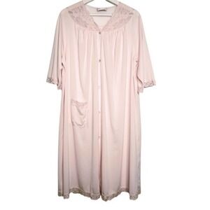 Shadowline‎ Vintage Robe Nylon Short Sleeve Button Fromt Lace Trim Size Large
